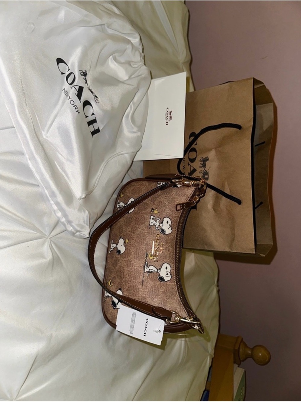 Coach Brown Signature Canvas Shoulder Bag with Snoopy Print